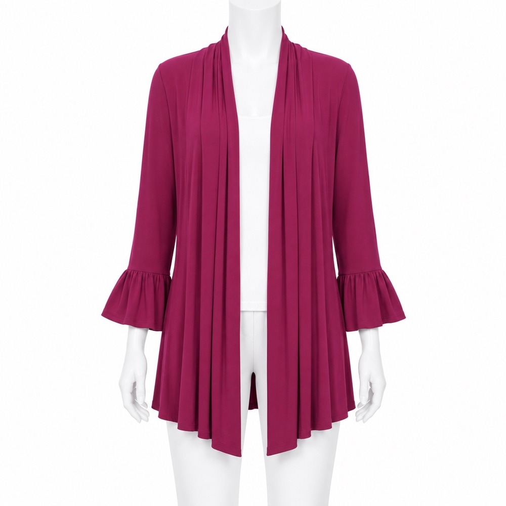 Slinky Brand Cardigan Women Medium Burgundy Ruffle Bell Sleeve Open Front Drape